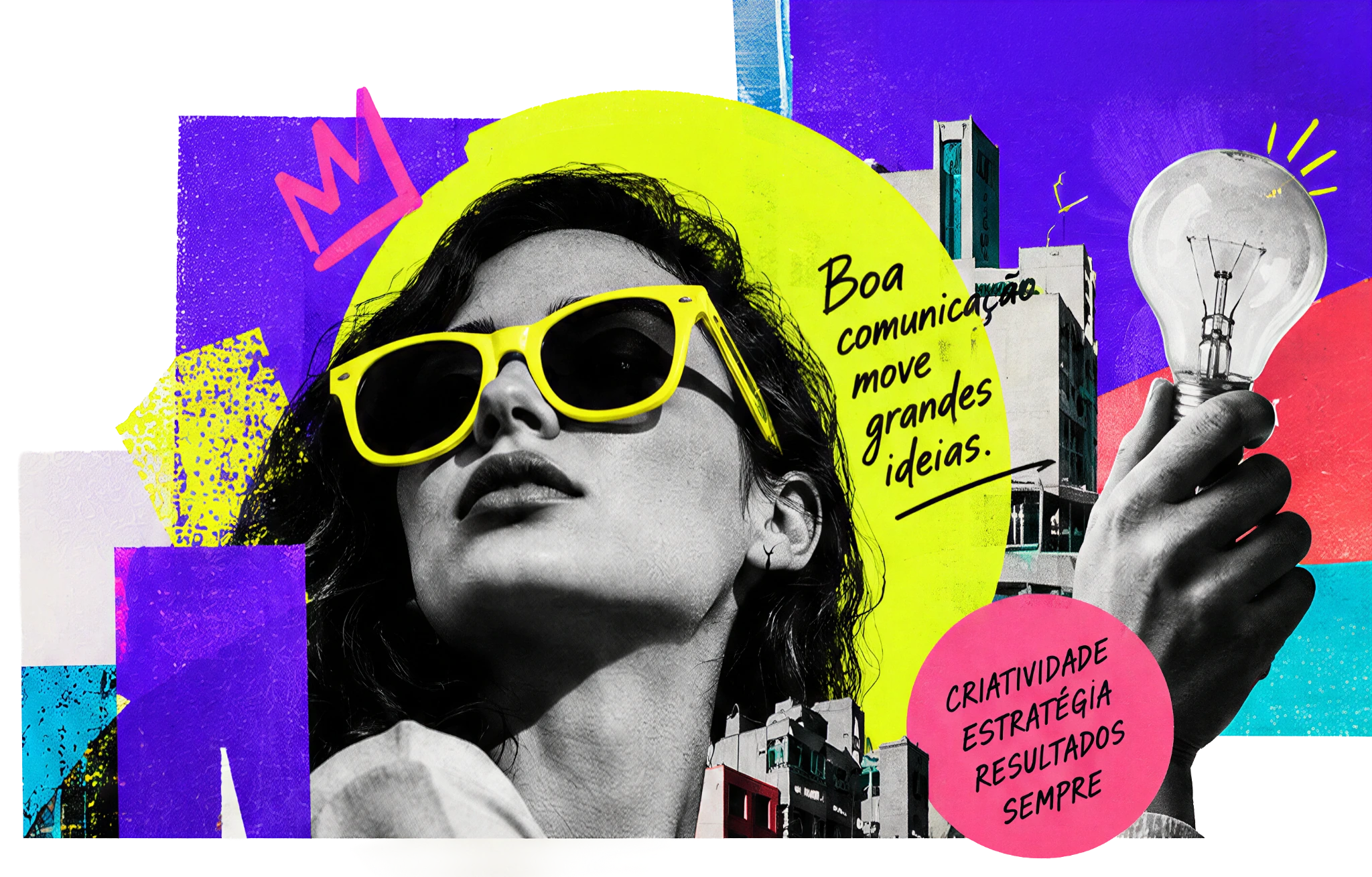 Colagem visual representando criatividade, comunicação e ideias